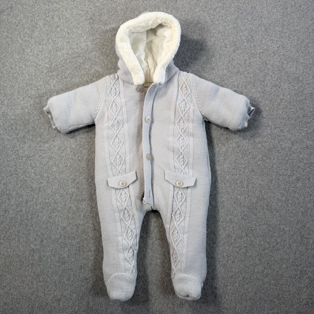 Mayoral Newborn 1-2 Months Cable Knit Hooded One Piece Footed Lined Winter Gray